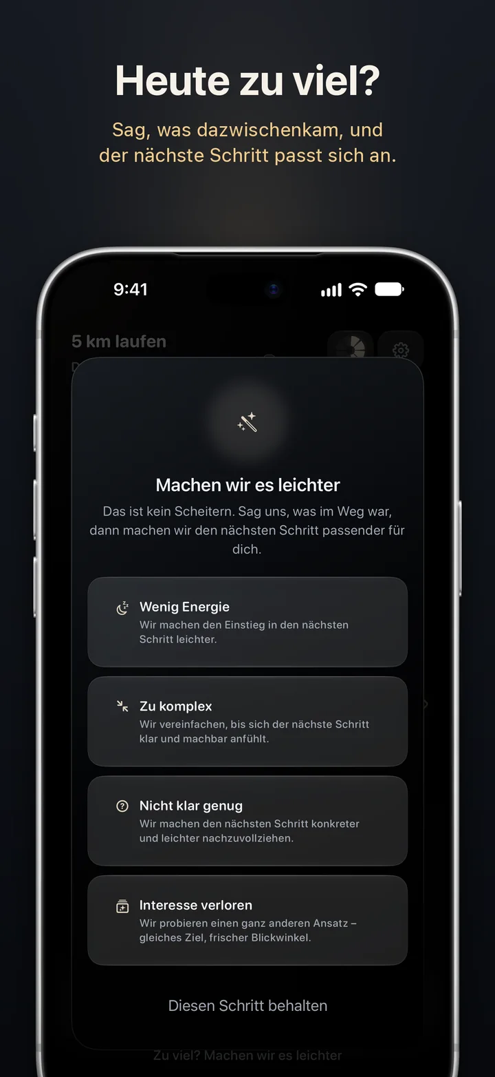 Aimora: Heute zu viel? Sag, was dazwischenkam, und der nächste Schritt passt sich an