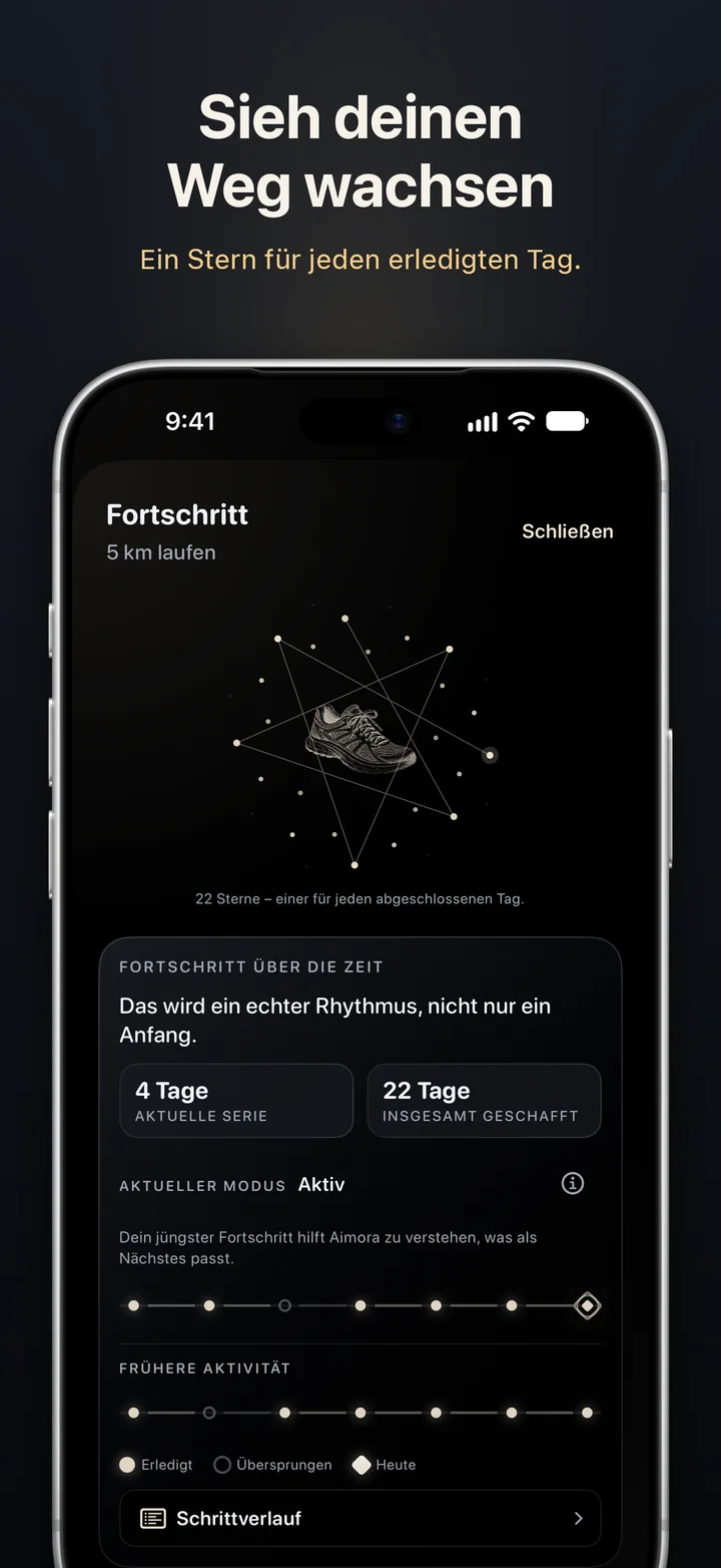 Aimora: Sieh deinen Weg wachsen — ein Stern für jeden Tag, an dem du drangeblieben bist