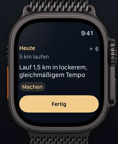 Aimora auf der Apple Watch: der Schritt für heute mit einer Fertig-Taste