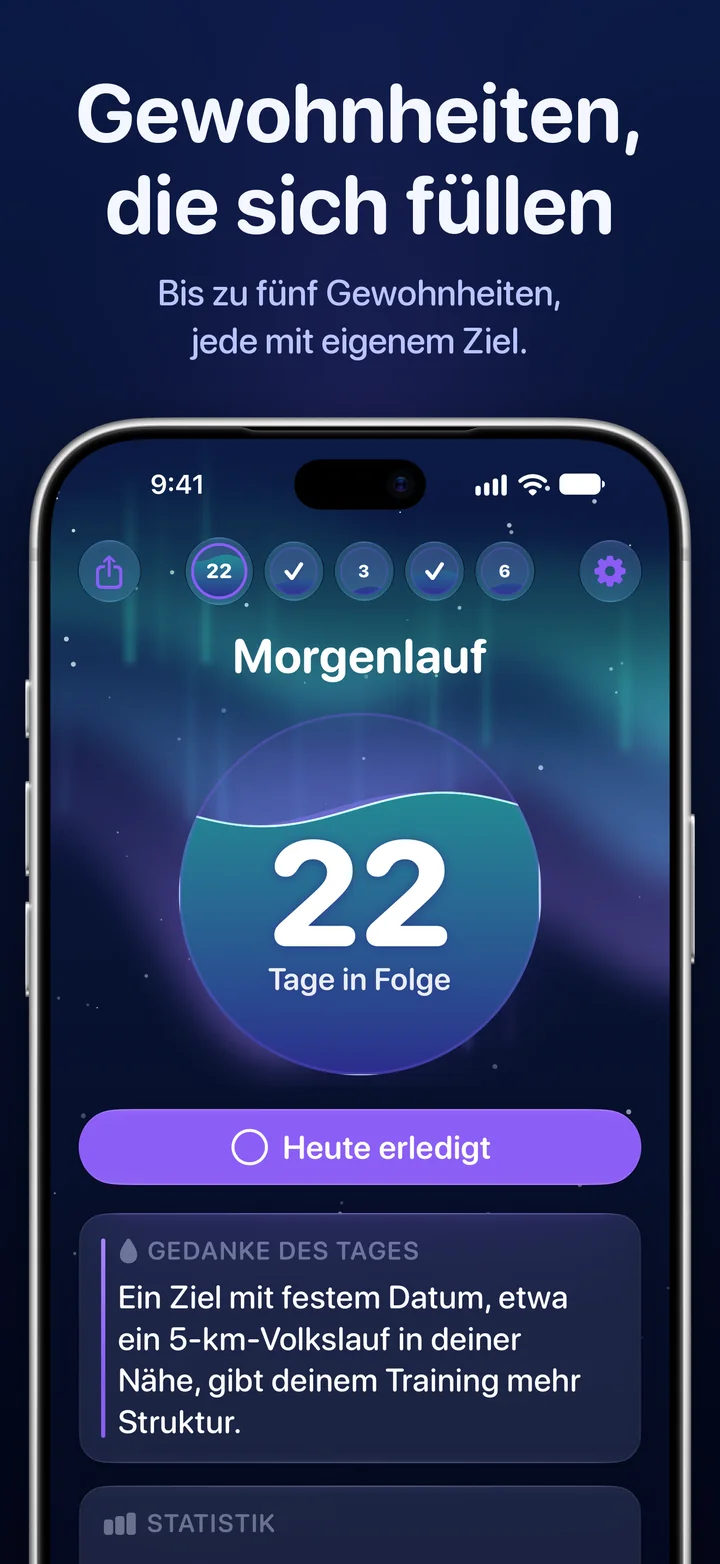 Ripply: eine Gewohnheitskugel mit einer Serie von 22 Tagen und dem Button „Heute erledigt“