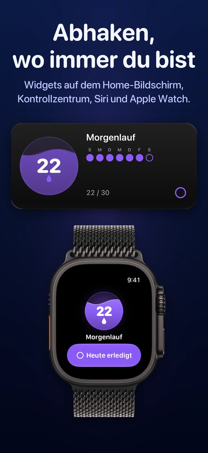 Ein Ripply-Widget auf dem Home-Bildschirm und Ripply auf der Apple Watch