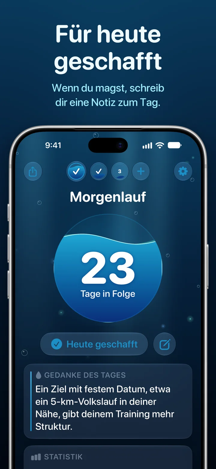 Ripply: Der Tag ist abgehakt, darunter ein Button für eine Notiz