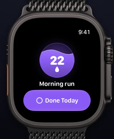 Ripply on Apple Watch: a 22-day streak and a Done Today button