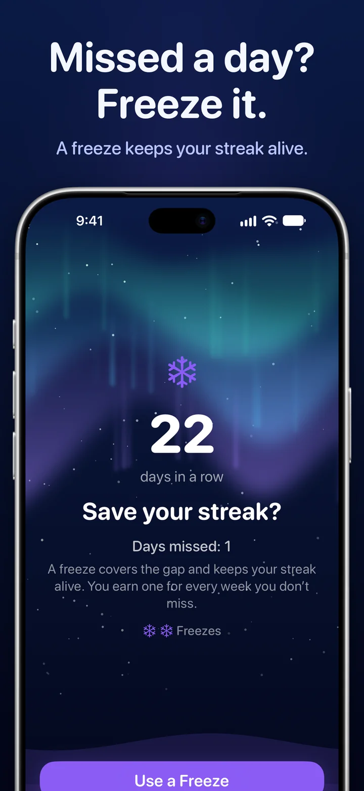 Ripply offers a freeze to save a 22-day streak after a missed day