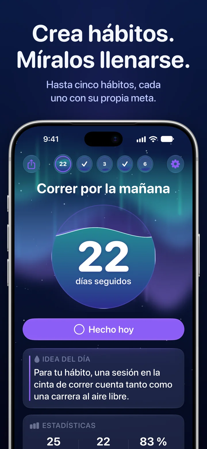 Ripply: una esfera de hábito con una racha de 22 días y el botón «Hecho hoy»
