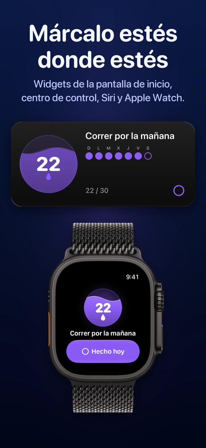 Un widget de Ripply en la pantalla de inicio y Ripply en el Apple Watch