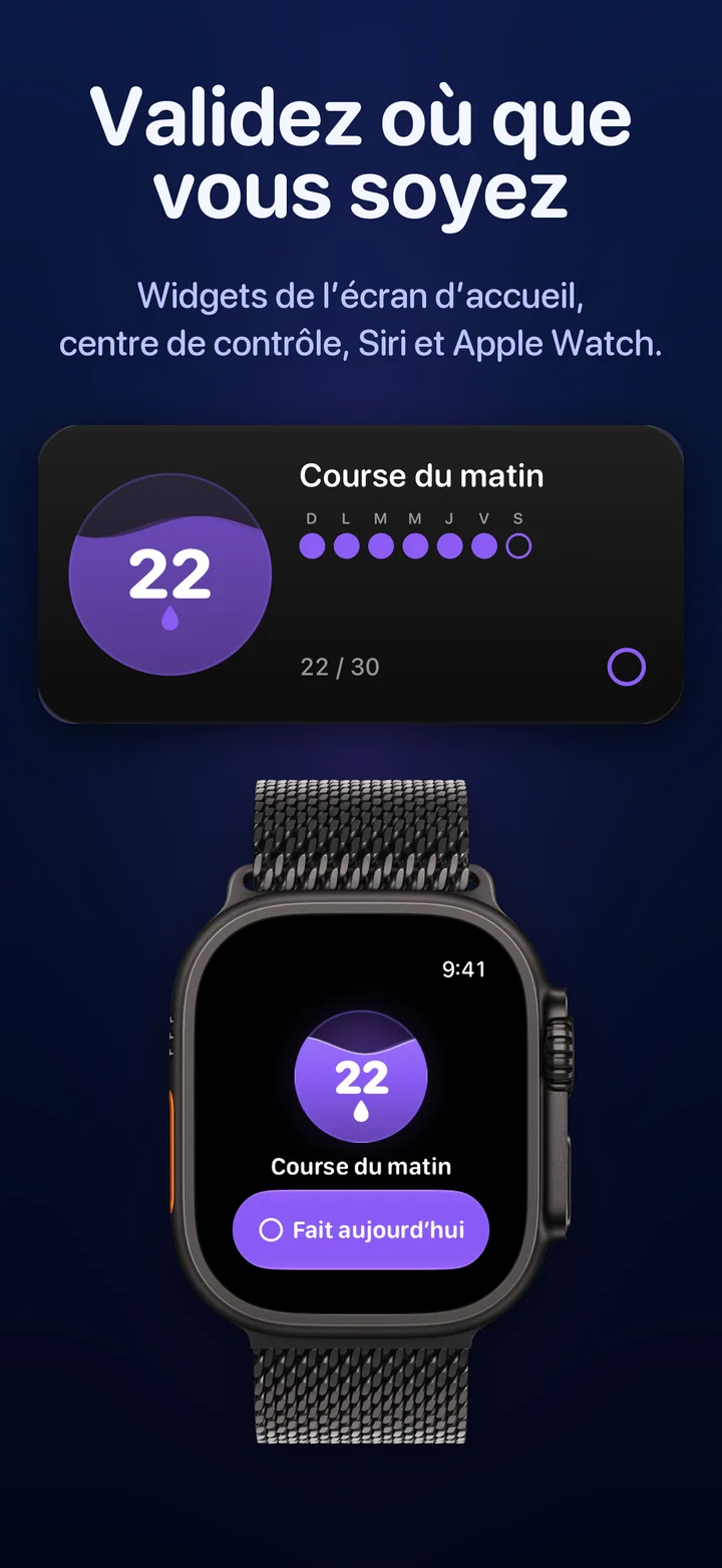Un widget Ripply sur l’écran d’accueil et Ripply sur l’Apple Watch