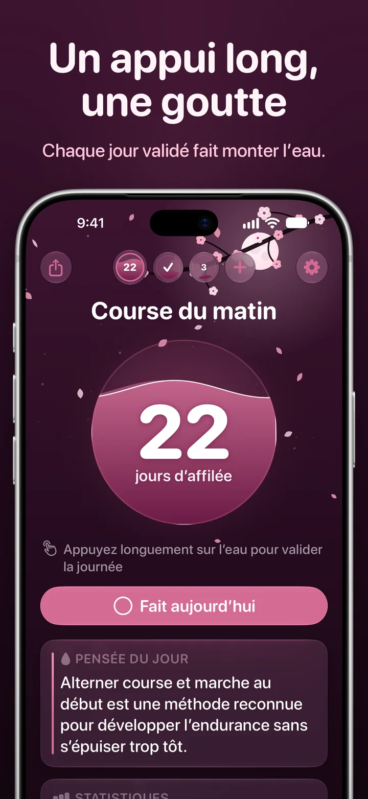 Ripply : appuyez longuement sur l’eau pour valider la journée