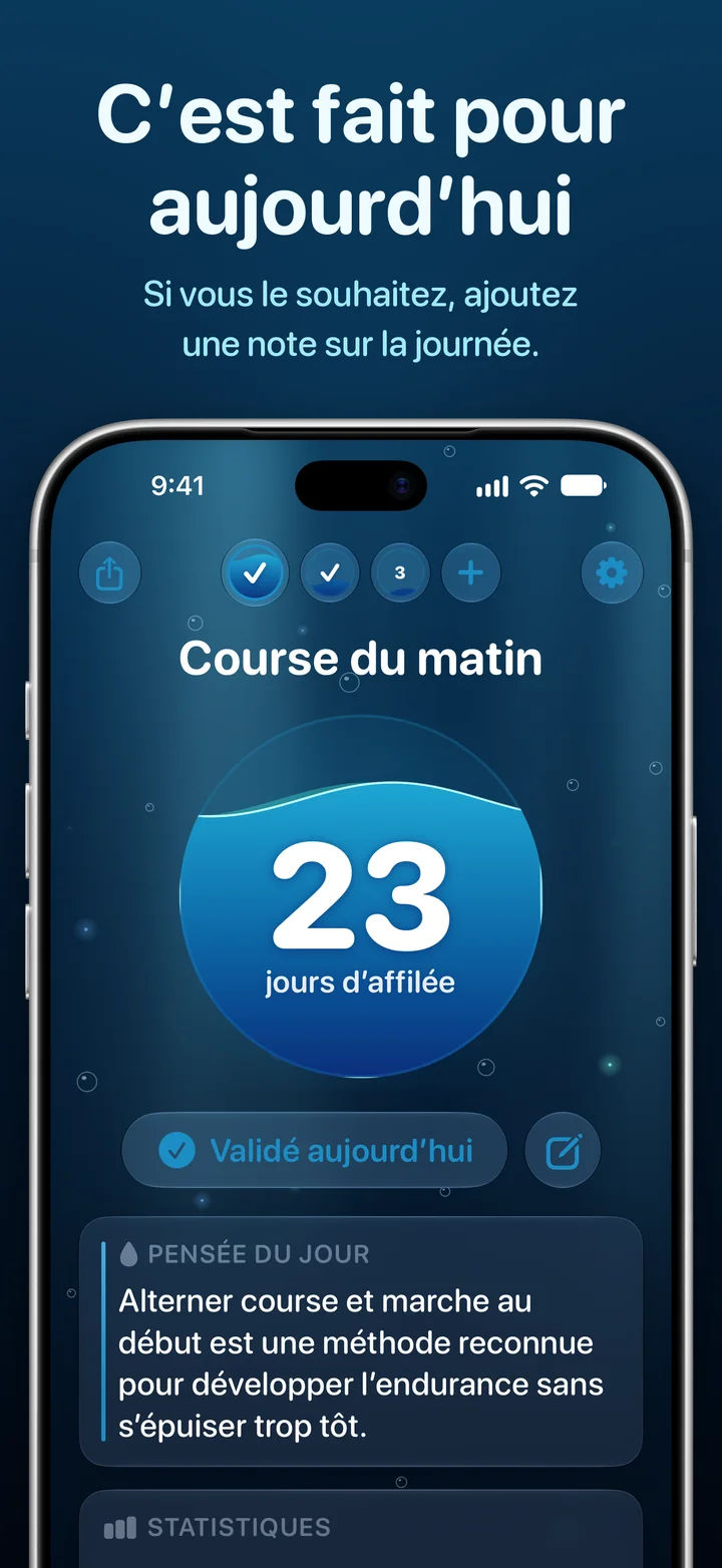 Ripply : la journée est validée, avec un bouton pour ajouter une note