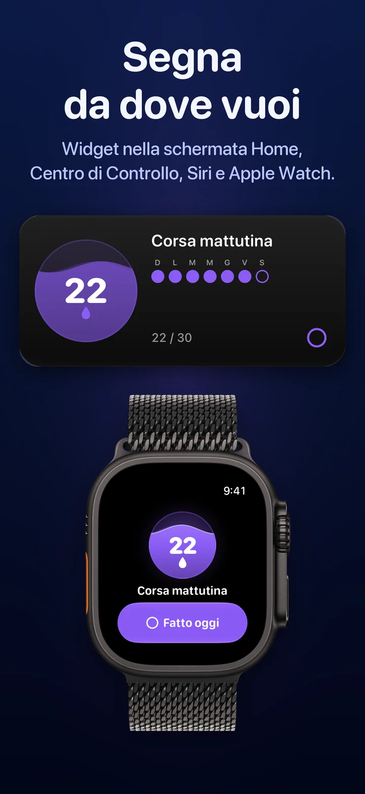 Un widget di Ripply nella schermata Home e Ripply su Apple Watch