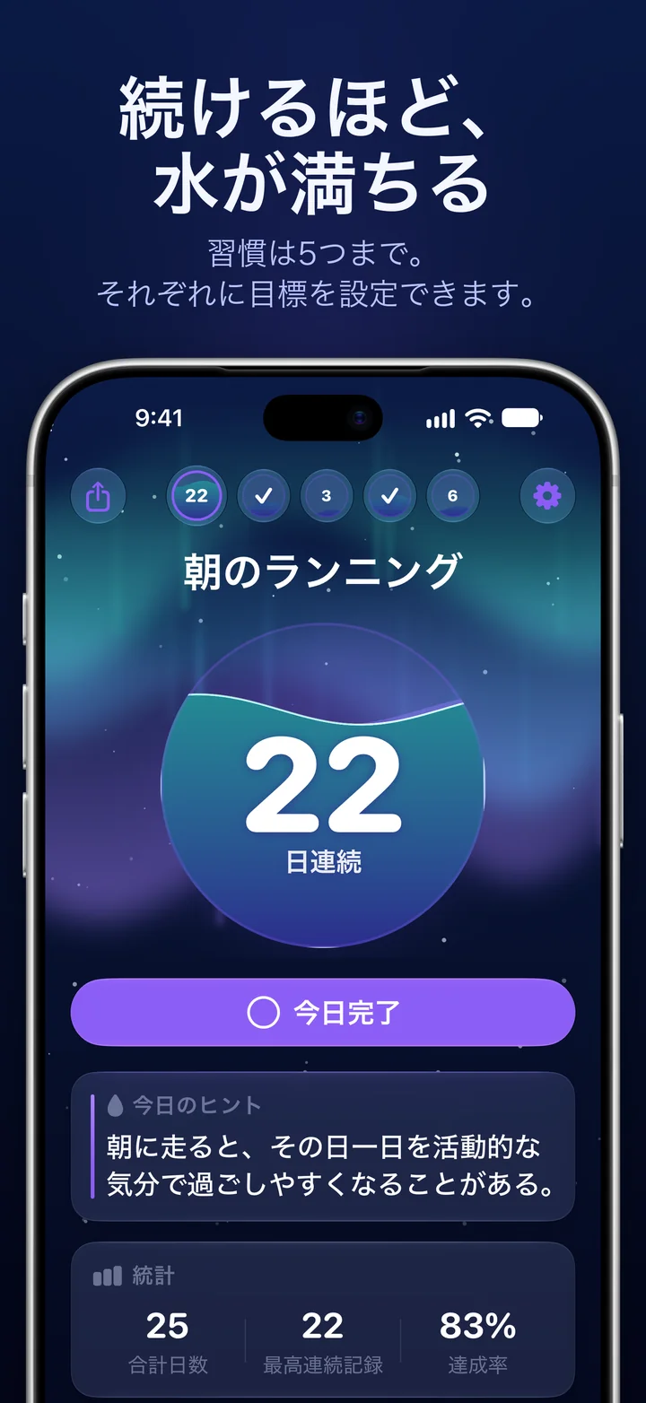Ripply:22日連続の記録を示す習慣の球体と「今日完了」ボタン