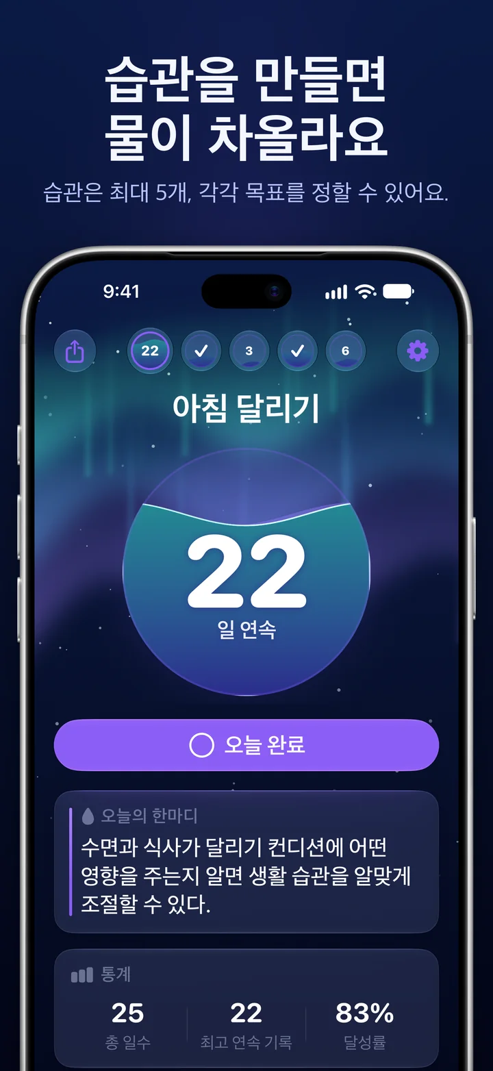 Ripply: 22일 연속 기록이 담긴 습관 구슬과 ‘오늘 완료’ 버튼