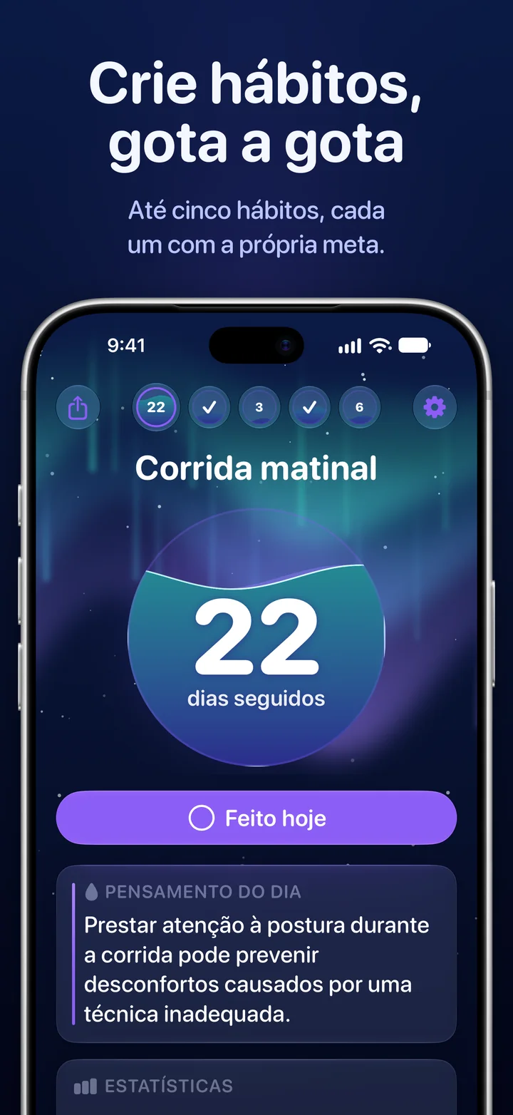 Ripply: uma esfera de hábito com sequência de 22 dias e o botão “Feito hoje”