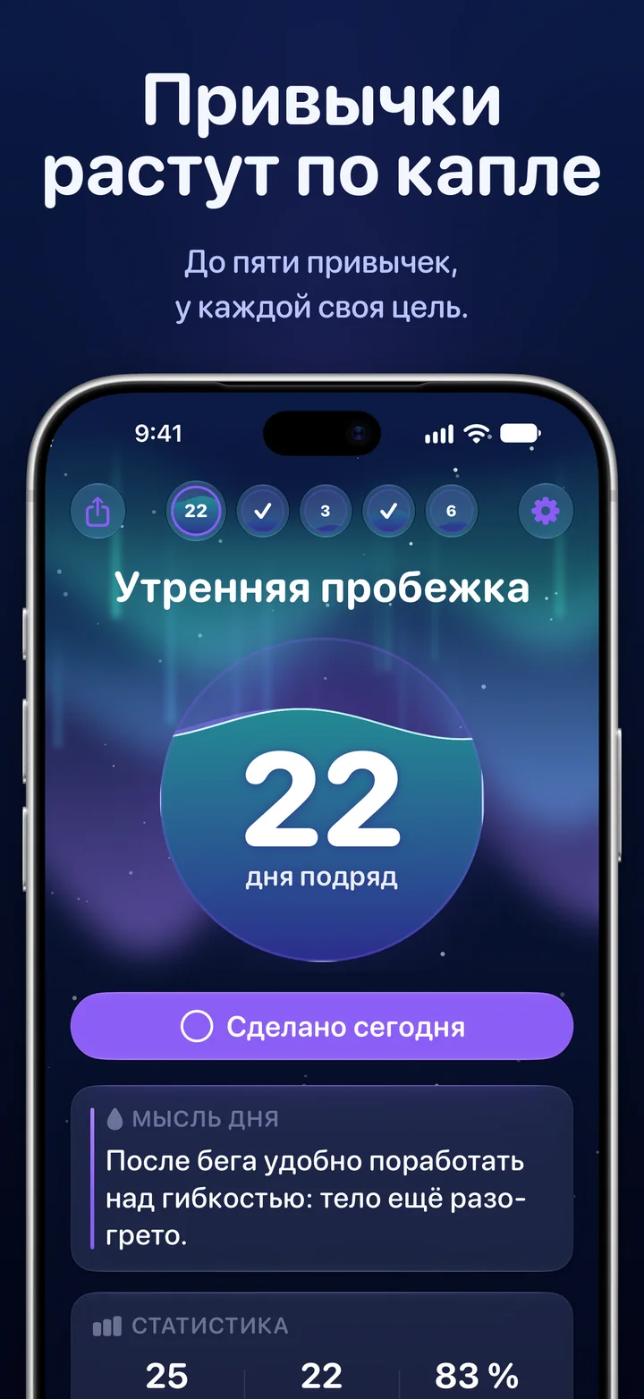 Ripply: шар привычки с серией в 22 дня и кнопкой «Сделано сегодня»