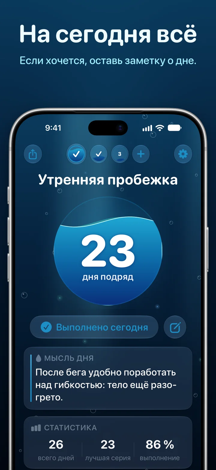 Ripply: день отмечен, рядом кнопка, чтобы добавить заметку