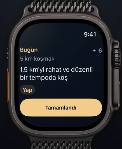 Apple Watch’ta Aimora: bugünün adımı ve tamamlama düğmesi