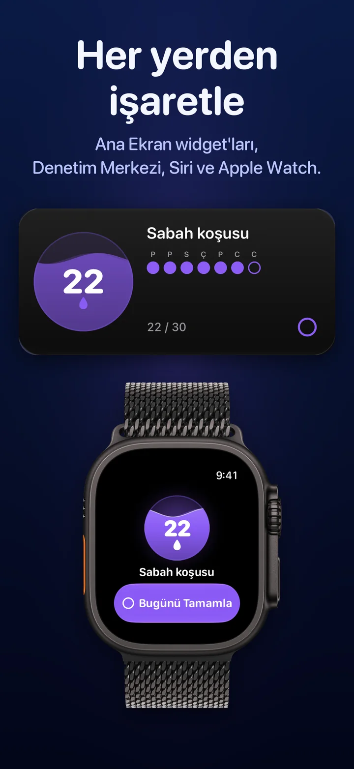 Ana Ekran’da bir Ripply widget’ı ve Apple Watch’ta Ripply