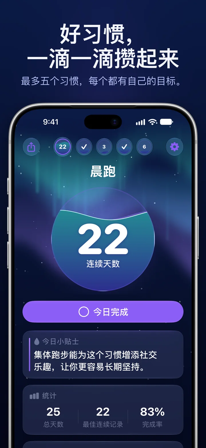 Ripply:连续 22 天的习惯水球和“今日完成”按钮